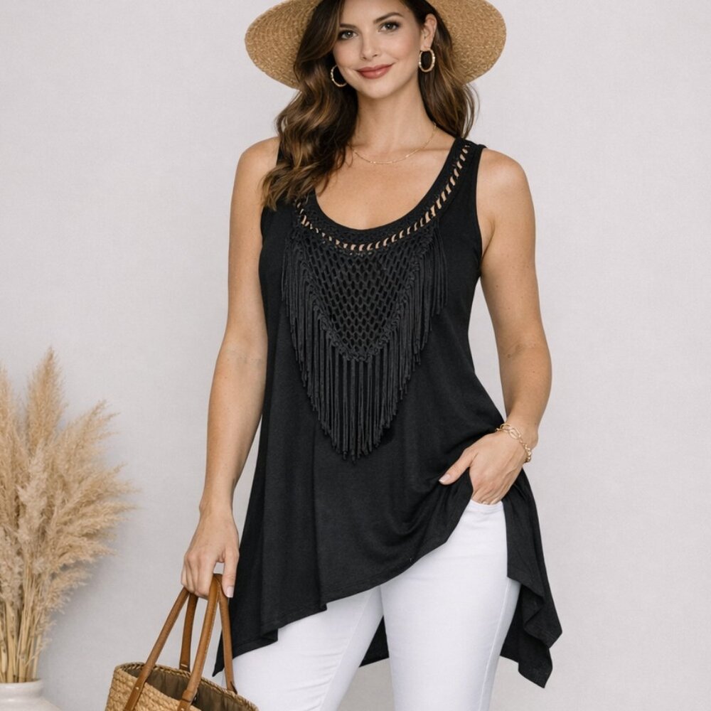 C. Olives Black Fringe Tank Top L Crochet Sharkbite Hem Boho Sleeveless Tunic